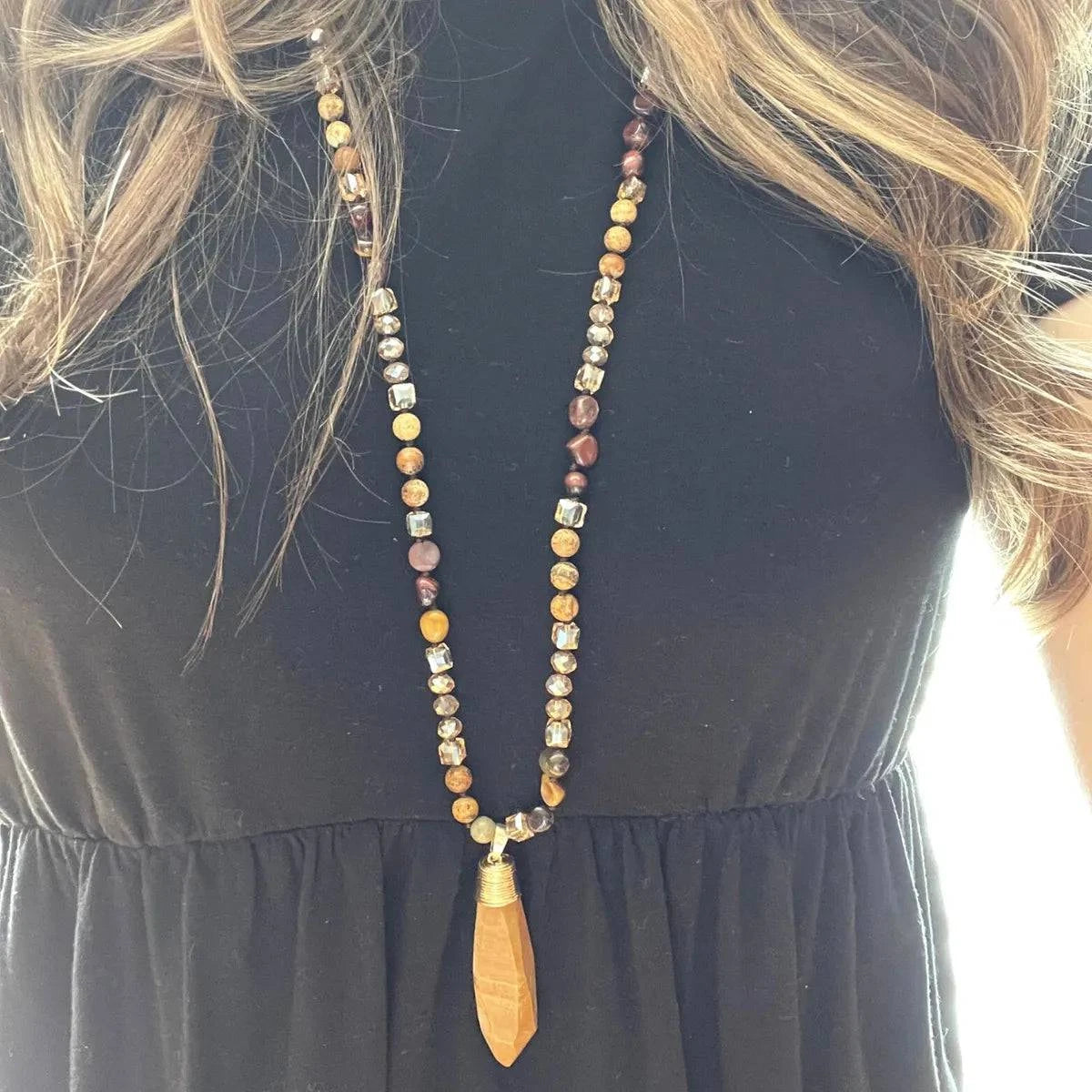 Long Gemstone Necklace in Dessert Tan - Layer It Jewelry