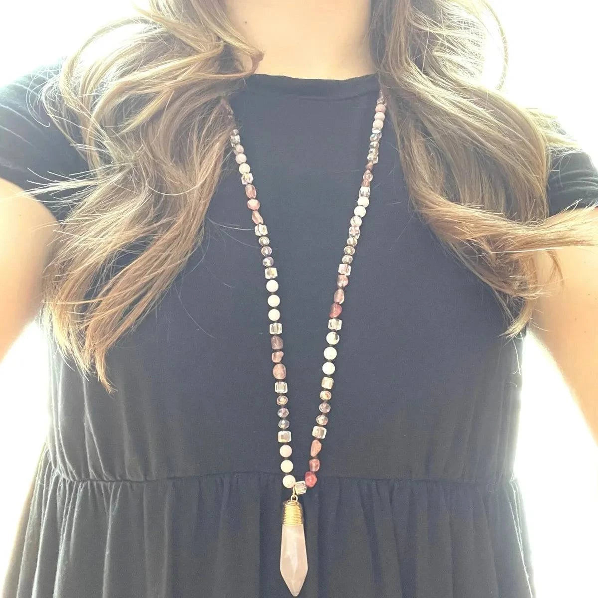 Long Gemstone Necklace in Rose - Layer It Jewelry
