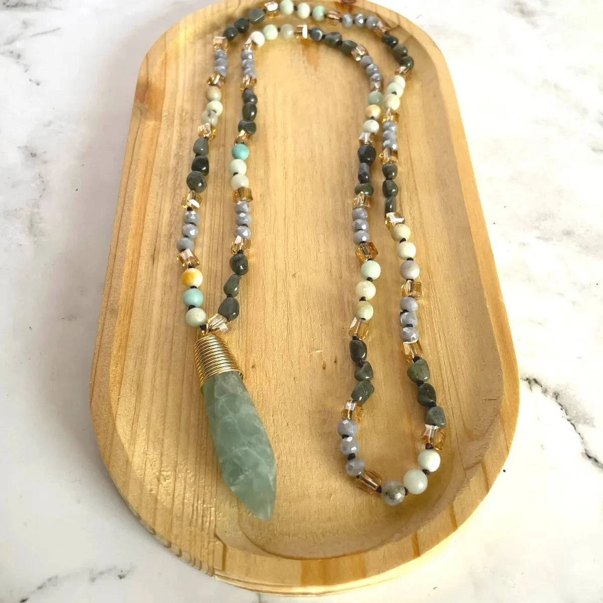 Long Gemstone Necklace in Light Green - Layer It Jewelry
