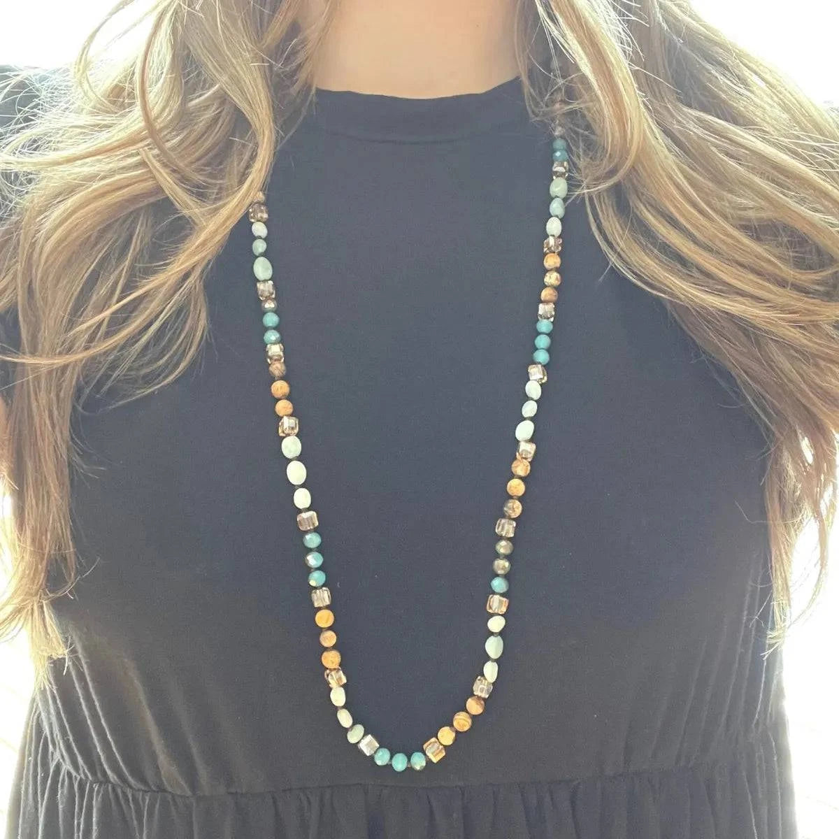 Long Gemstone Necklace in Aqua - Layer It Jewelry