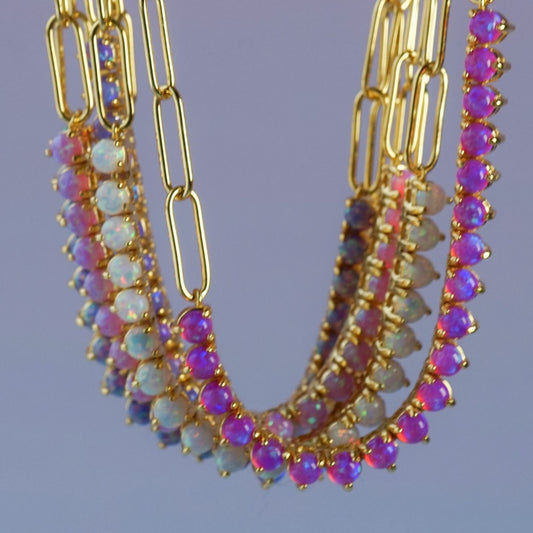 Lab Opal Vermeil Tennis Chain Necklace | Dainty Gold Layering Necklace | Demi Fine Opal Jewelry - Layer It Jewelry