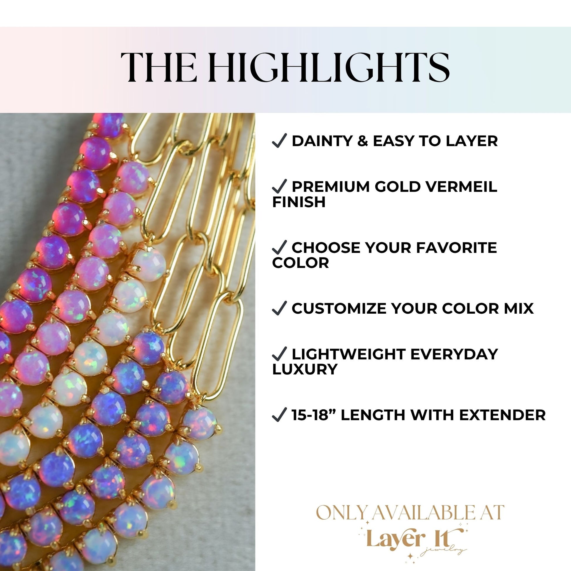 Lab Opal Vermeil Tennis Chain Necklace | Dainty Gold Layering Necklace | Demi Fine Opal Jewelry - Layer It Jewelry