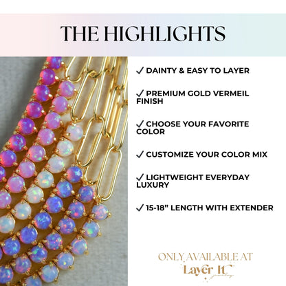 Lab Opal Vermeil Tennis Chain Necklace | Dainty Gold Layering Necklace | Demi Fine Opal Jewelry - Layer It Jewelry