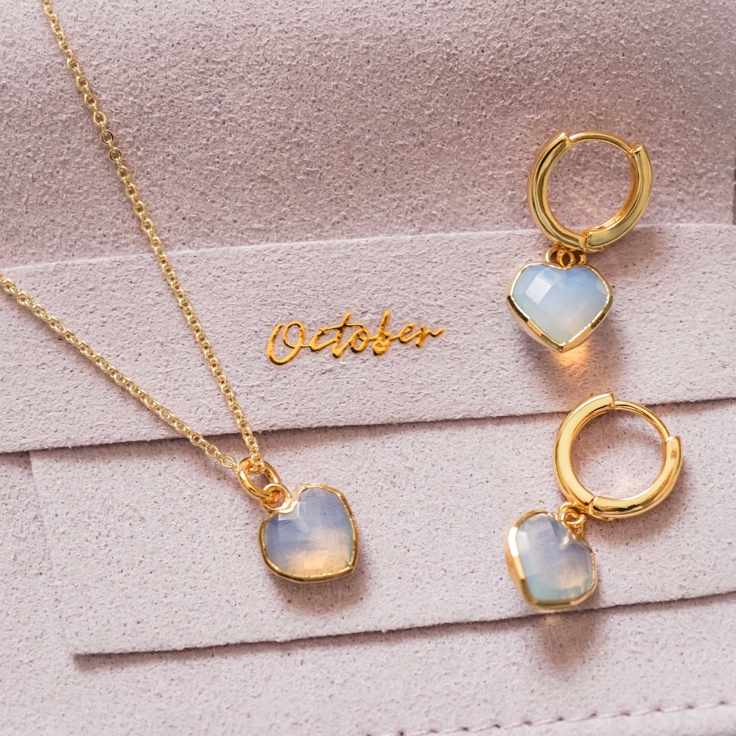 Cora Birthstone Jewelry Set – Heart Necklace & Huggie Earrings | Birthstone Gift Set