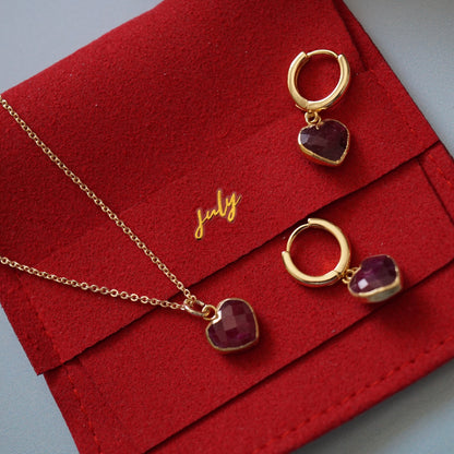 Cora Birthstone Jewelry Set – Heart Necklace & Huggie Earrings | Birthstone Gift Set