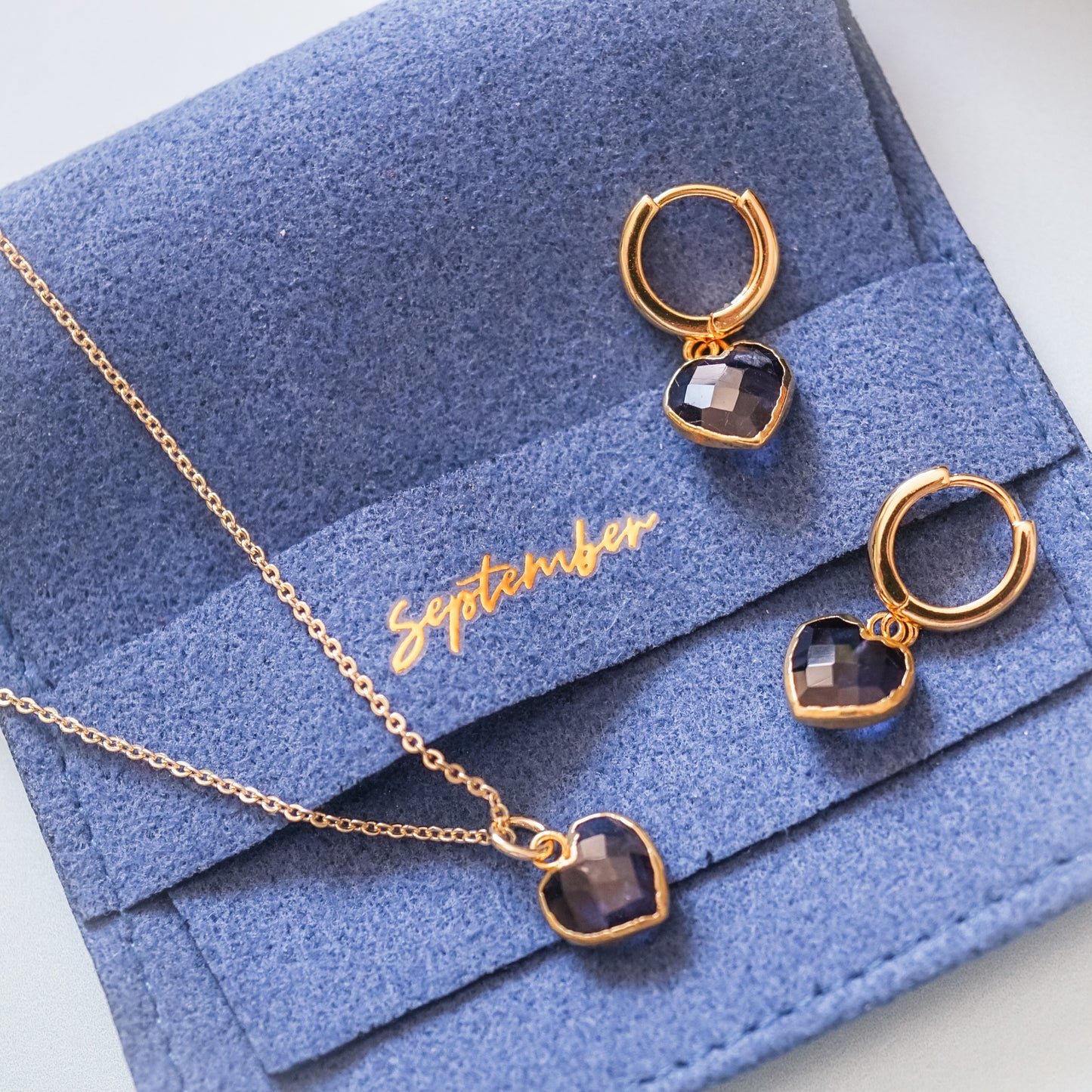 Cora Birthstone Jewelry Set – Heart Necklace & Huggie Earrings | Birthstone Gift Set