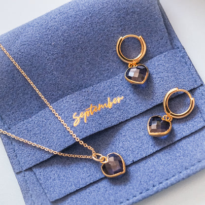 Cora Birthstone Jewelry Set – Heart Necklace & Huggie Earrings | Birthstone Gift Set