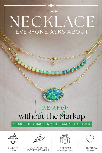 Lab Opal Vermeil Tennis Chain Necklace | Dainty Gold Layering Necklace | Demi Fine Opal Jewelry - Layer It Jewelry