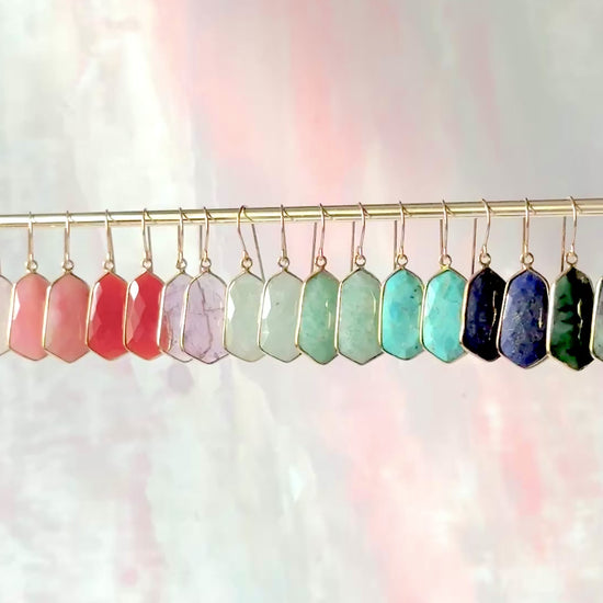 Lydia earrings featuring lightweight, 1-inch gemstone drops in a variety of vibrant stones like moonstone, rose quartz, and turquoise, set in gold-plated frames for a timeless, elegant look