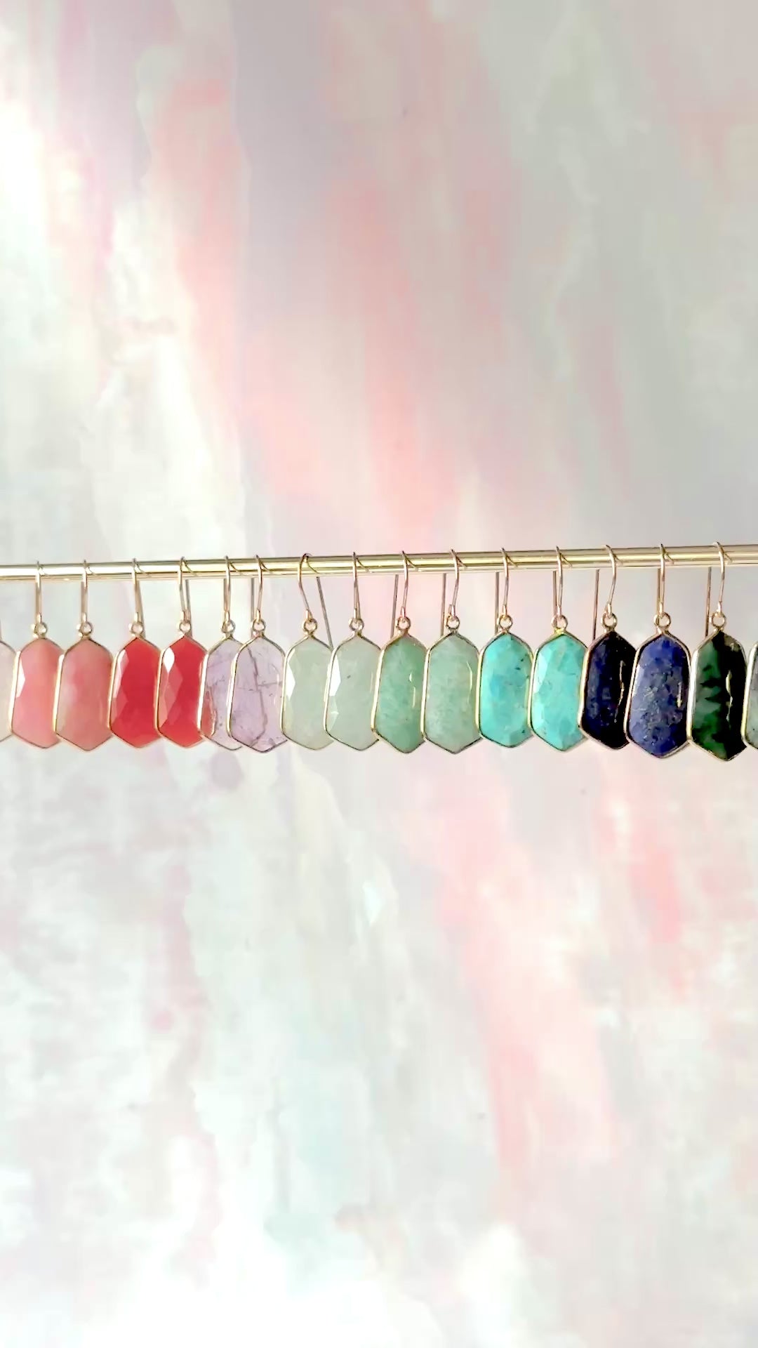 Lydia earrings featuring lightweight, 1-inch gemstone drops in a variety of vibrant stones like moonstone, rose quartz, and turquoise, set in gold-plated frames for a timeless, elegant look